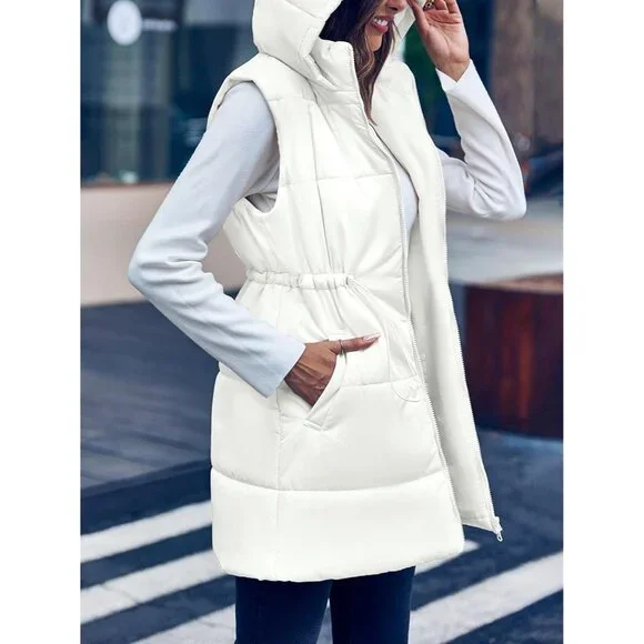 Womens Quilted Puffer Vests Hooded Sleeveless Long Outwear Jacket Zip Up Winter